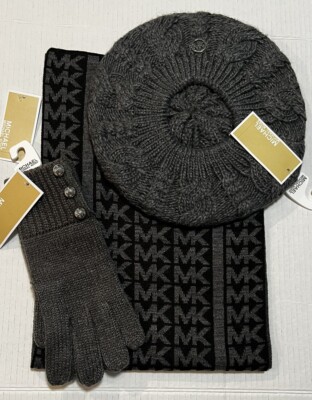 NEW! MICHAEL MICHAEL KORS Black & White Scarf Hat Glove 3pc Winter Set. Michael Kors MK Logo Knit Beanie, Scarf & Gloves 3-Piece  main image 2