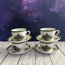 Spode Christmas Tree Teacups Saucers Set of 4 Green Trim #S3324 Made in England