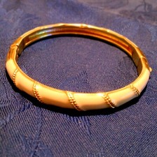 Gold Tone Off White Enamel Hinged Bangle Bracelet