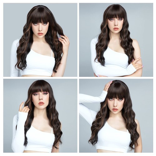 ENTRANCED STYLES Dark Brown Synthetic Wig w/ Bangs & Long Wavy Blonde Highlights - Picture 3 of 10