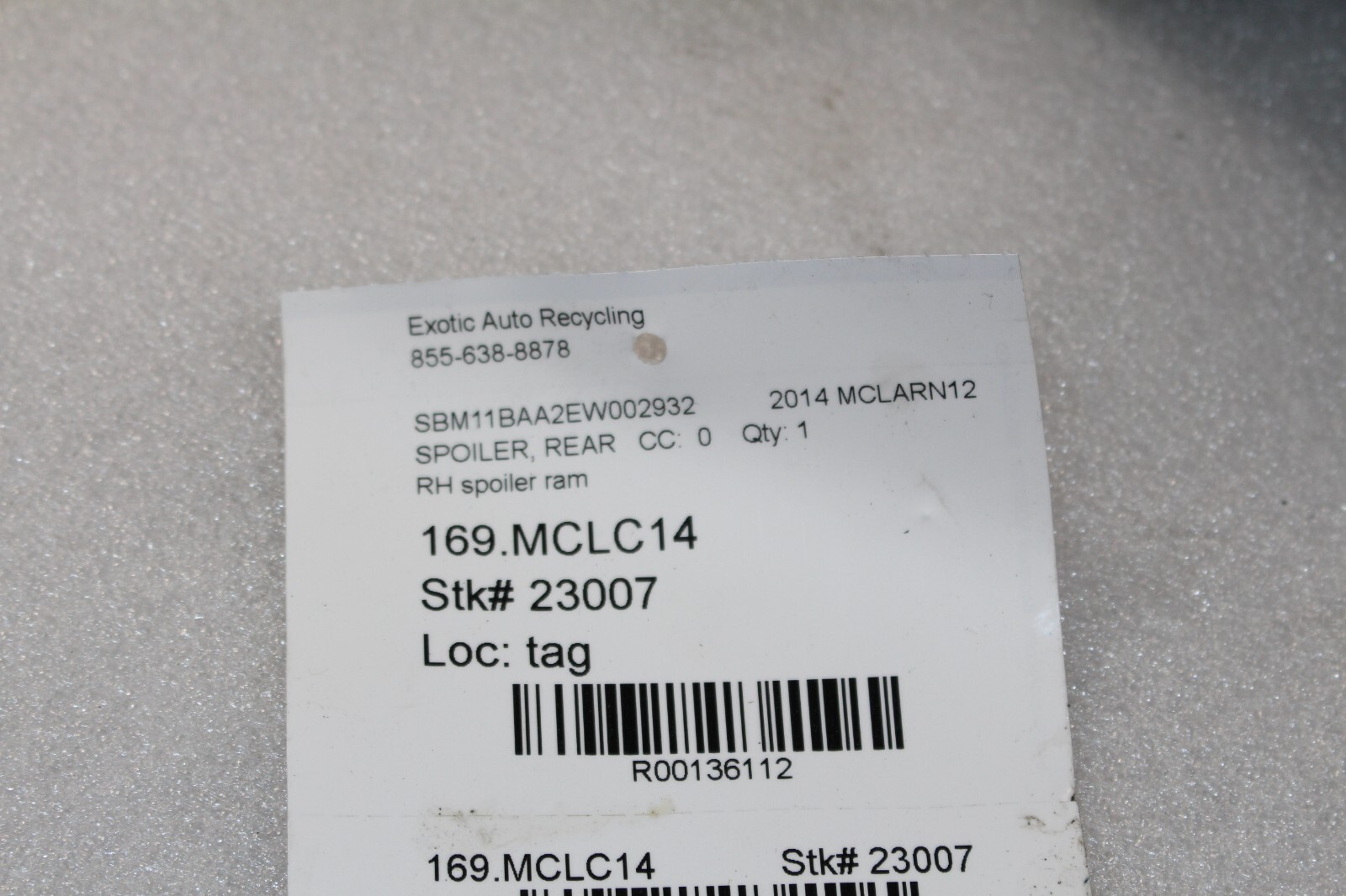 Mclaren MP4-12C, RH, Right, Spoiler  Ram, Used
