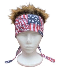 USA FLAG BANDANA DOO RAG HEAD COVER SPIKE FAKE HAIR WIG FLAIR BIKER CHOPPER CAP