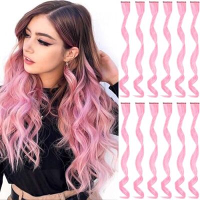 12 PCS Pink Hair Extensions Clip in, Curly Wavy Colored Extension 12PCS-Pink
