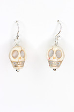 Halloween Skull White Charm Earrings Sterling Silver .925 Hooks Costume 1"