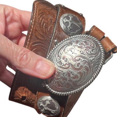 3D Kids Tooled Leather Western Belt 20  Brown Conchos Engraved Buckle Cowboy