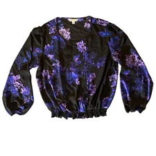 Counterparts Women XL Black Floral Pleated Sheer Long Sleeve Blouse Top