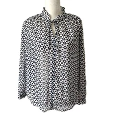 Loft Navy Medallion Print Tie Neck Blouse S