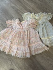 VTG 80s Dress Girls 2T Pink Blue Yellow Floral Victorian Style Lace Lot of 2