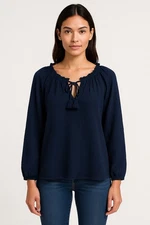 Just Living Navy Cotton Gauze Peasant Blouse M Boho Forest Fairy Coastal Slub