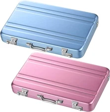 2 Pcs Business Card Holder Suitcase Aluminum Case Pink, Blue 