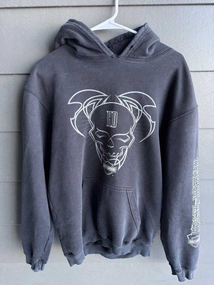 Sudadera con Capucha Harley Davidson Distressed Años 90 00 Calavera Negra Llamas Desteñidas Foto 2 de 4