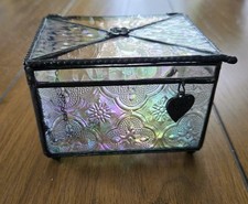 Vintage J. Devlin Iridescent Glass Art Trinket Box Metal Love 3" x 4"
