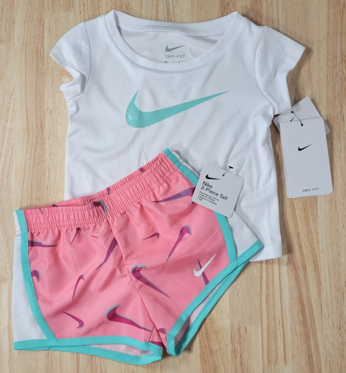 Nike T-Shirt & Shorts Set Baby Girls 18M White Pink Dri-Fit Glitter Swoosh
