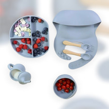 Silicone Baby Feeding Mixed Set Suction Base Plate Bowl Cup Spoon Fork Gray, bib