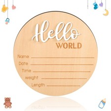 Wooden Hello World Newborn Sign - 5.9 Inch Birth Announcement Plaque for Photo