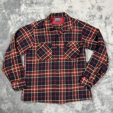 Vintage Pendleton Board Shirt Mens M Red Loop Collar Plaid Wool Flap Pockets 60s