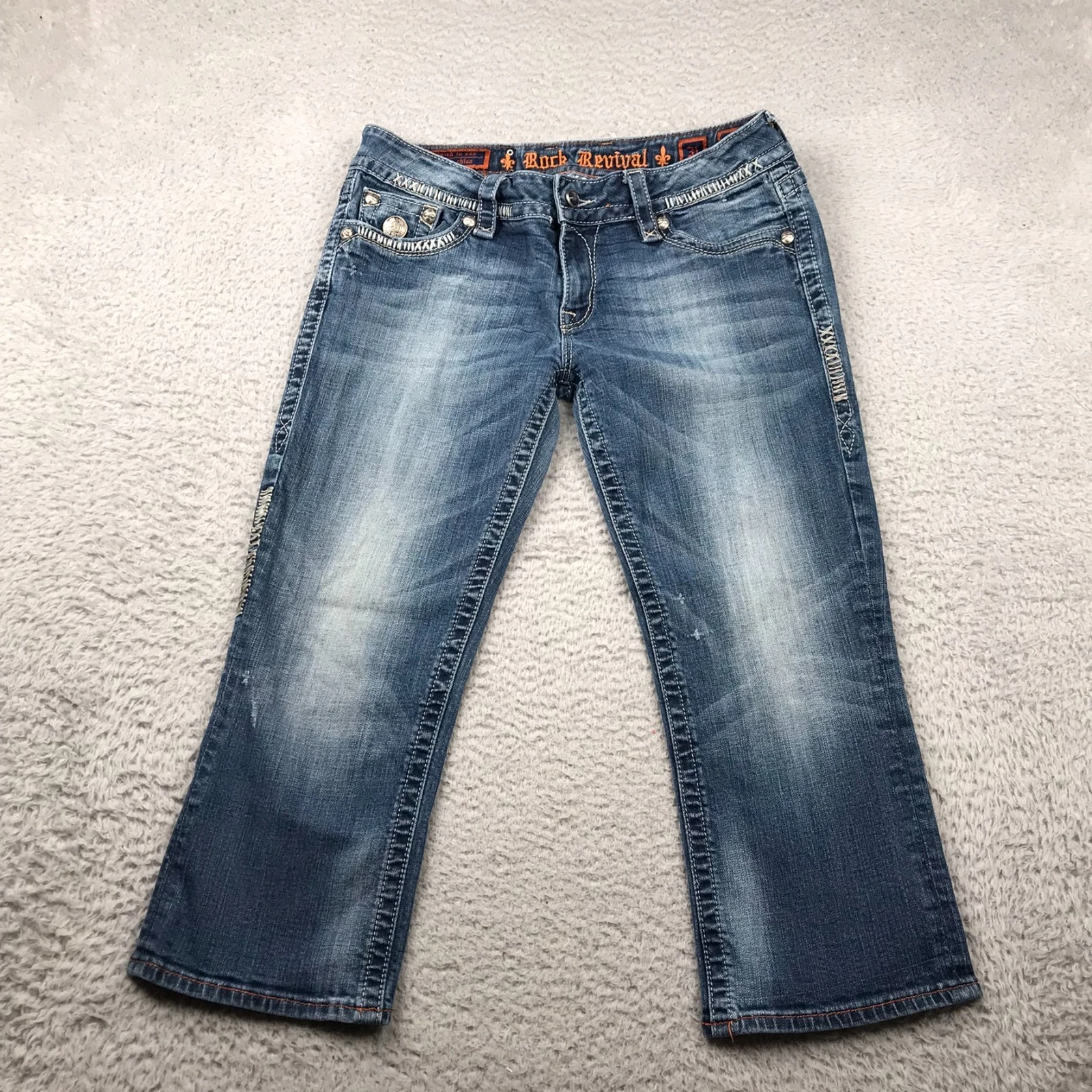 Rock Revival Celine Capri Jeans Womens 31 (32x22) Blue Stone Wash Strech Denim