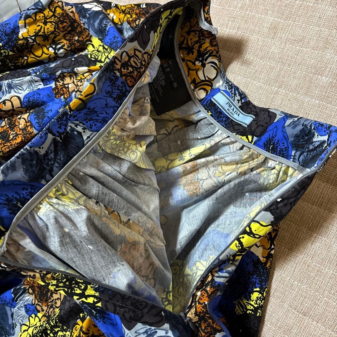 PRADA Set Up Flared Skirt 36 Casual Shirt Gray Blue Yellow Pattern image 7