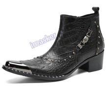 Men's Fashion British Pointy Toe Rivet Metal Decor Textured Leather Ankle Boots