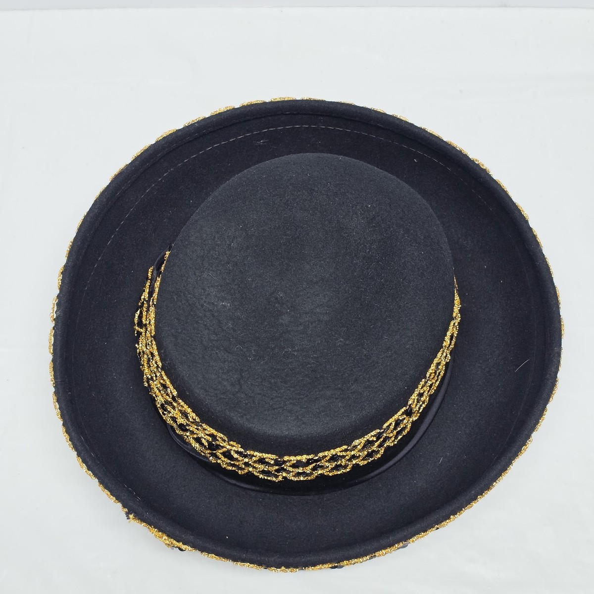 Vintage Doeskin Bollman Bolero Hat Black Wool Felt Sequins And Gold Accent USA Vintage 70s Bollman Black Wool Felt Bolero Hat: Gold Braid  main image 4