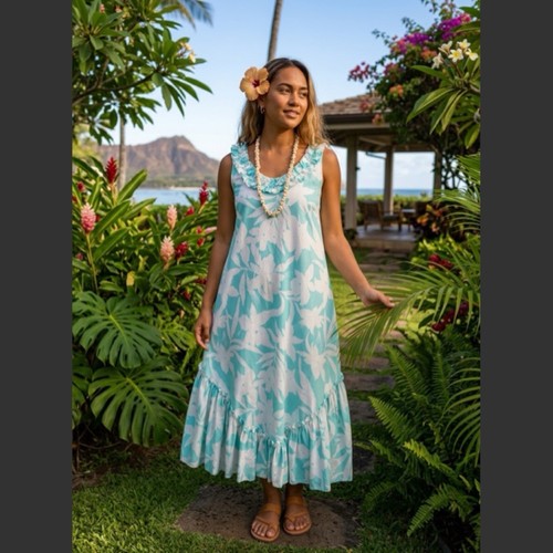 Hilo Hattie Vintage Hawaiian Muumuu Ruffle Neck Midi Dress Size S/M 19” PTP