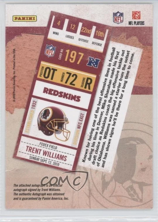 2010 Playoff Contenders /500 Trent Williams #197 Rookie RC - Image 2 of 2