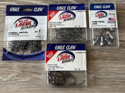 Eagle Claw Lazer Sharp Fishing Tackle Lot Hooks Swivels Tube Jigs New