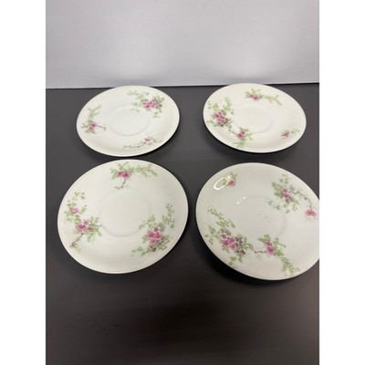 Jean Pouyat Limoges France Pink Floral Porcelain Saucers Set of 4 Antique JPL