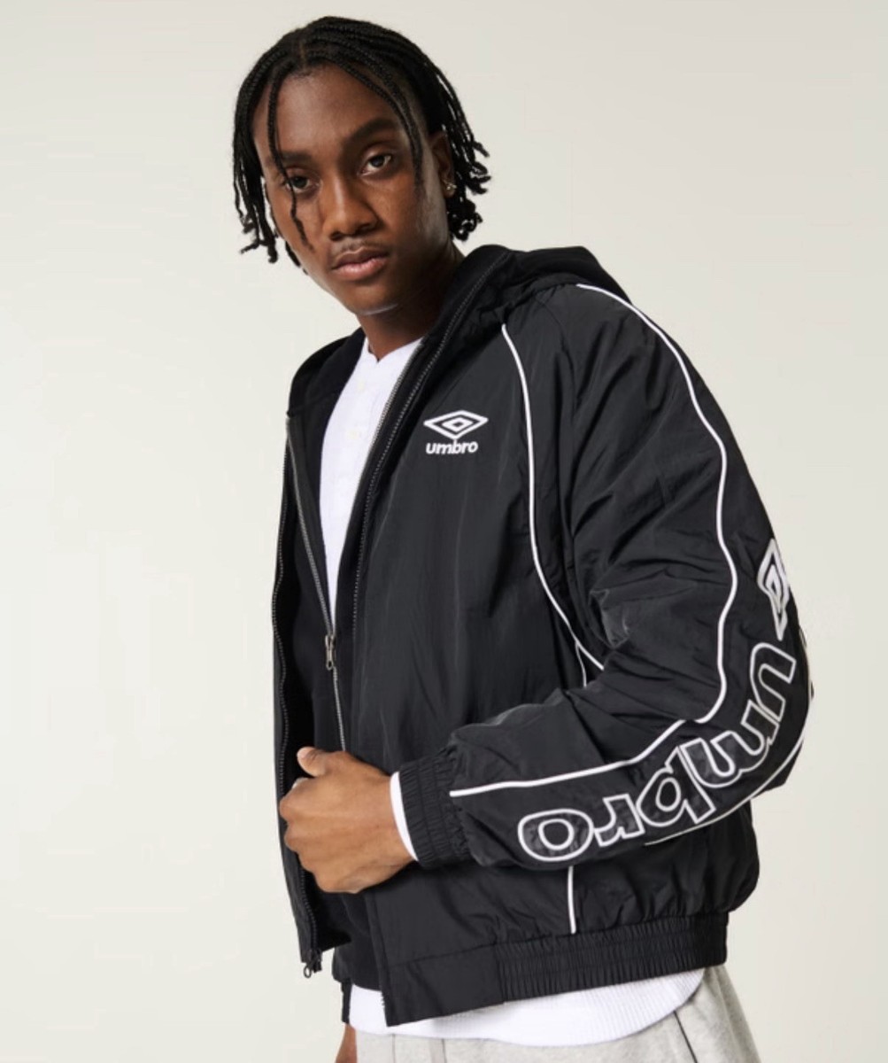 $140 Black Nylon Zip-Up Hollister X Umbro Graphic Bomber Jacket