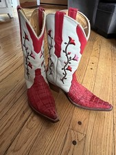 Los Altos Women’s 8 M Exotic Caiman Crocodile Western Cowboy Boots Red White