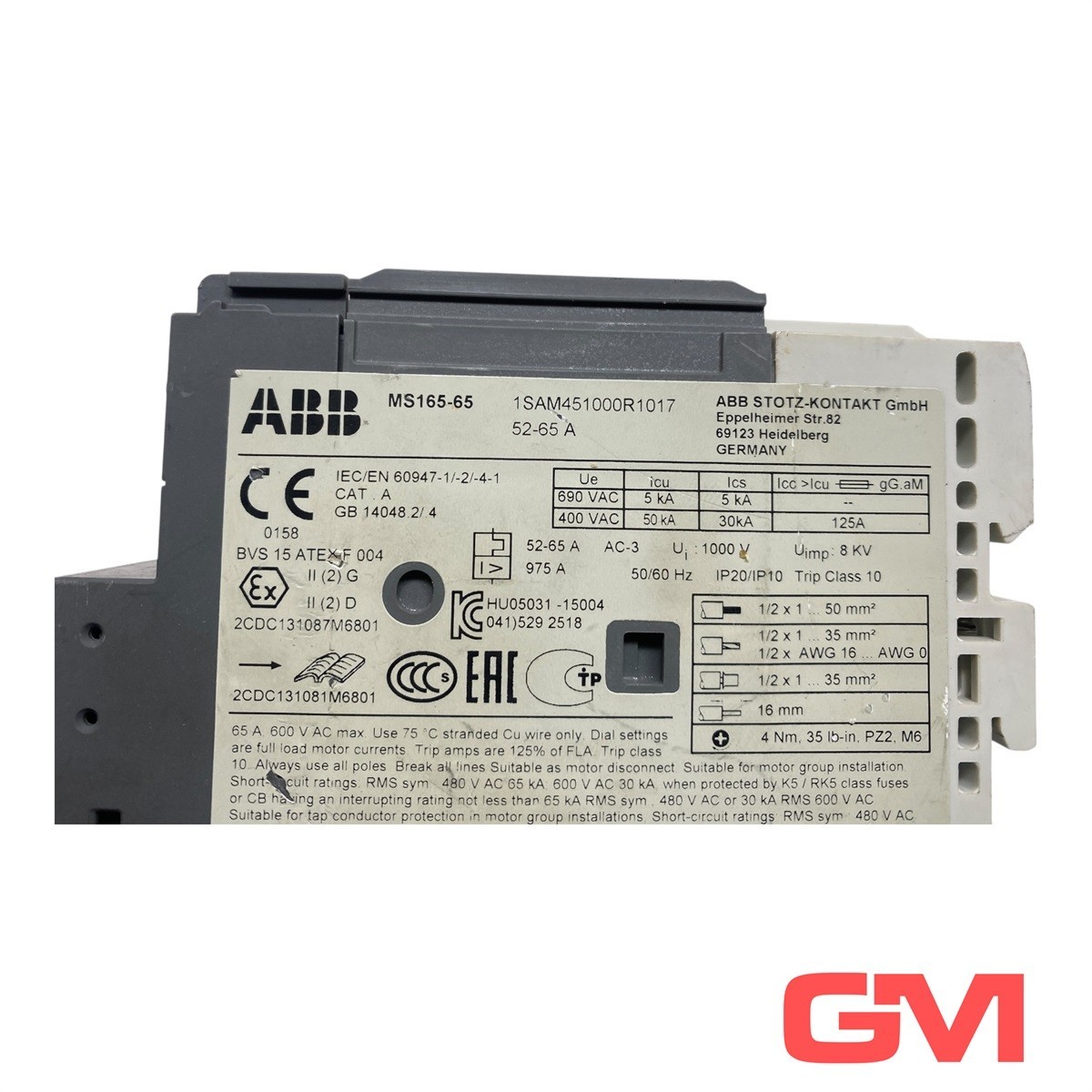 ABB Motor Starter MS165-65 Motor Starter 52-65A 1SAM451000R1017 Lightly Damaged
