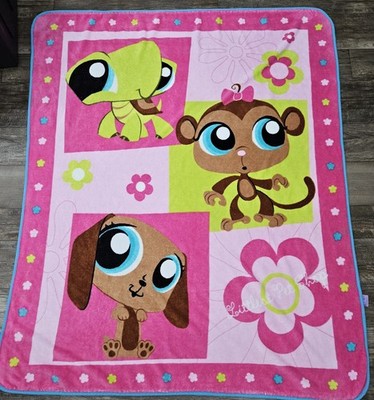 Vintage 2008 Hasbro LPS Littlest Pet Shop Fleece Plush Blanket Turtle Monkey Dog
