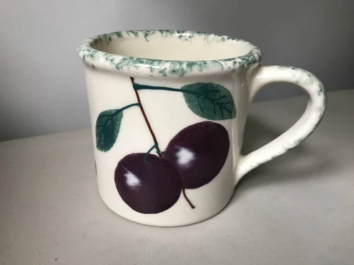 Large Hartstone Stoneware Mug Fruit Design Signed Plum Blueberry Cherry