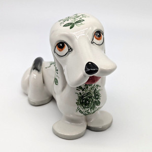 Basset Hound Dog Art Pottery Figurine Hand Painted Green Floral MCM Italian VTG 