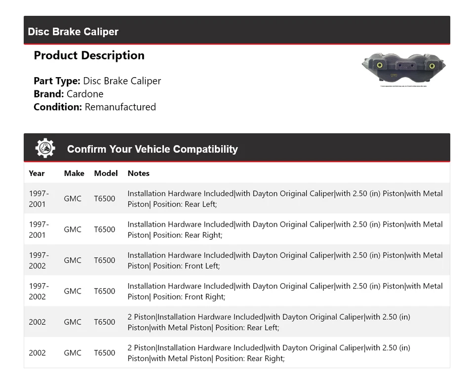 Pinza de freno de disco Cardone para GMC T6500 1997-2002 1998 1999 2000 2001 Foto 2 de 3