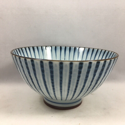 Japanese Rice Soup Bowl - 4.5" Porcelain - Red Nami Tokusa Lines - Made In Japan