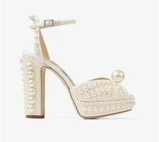 Women Elegant Peep Toe Pearls Buckle Strap Sandals Bride Wedding High Heel Shoes