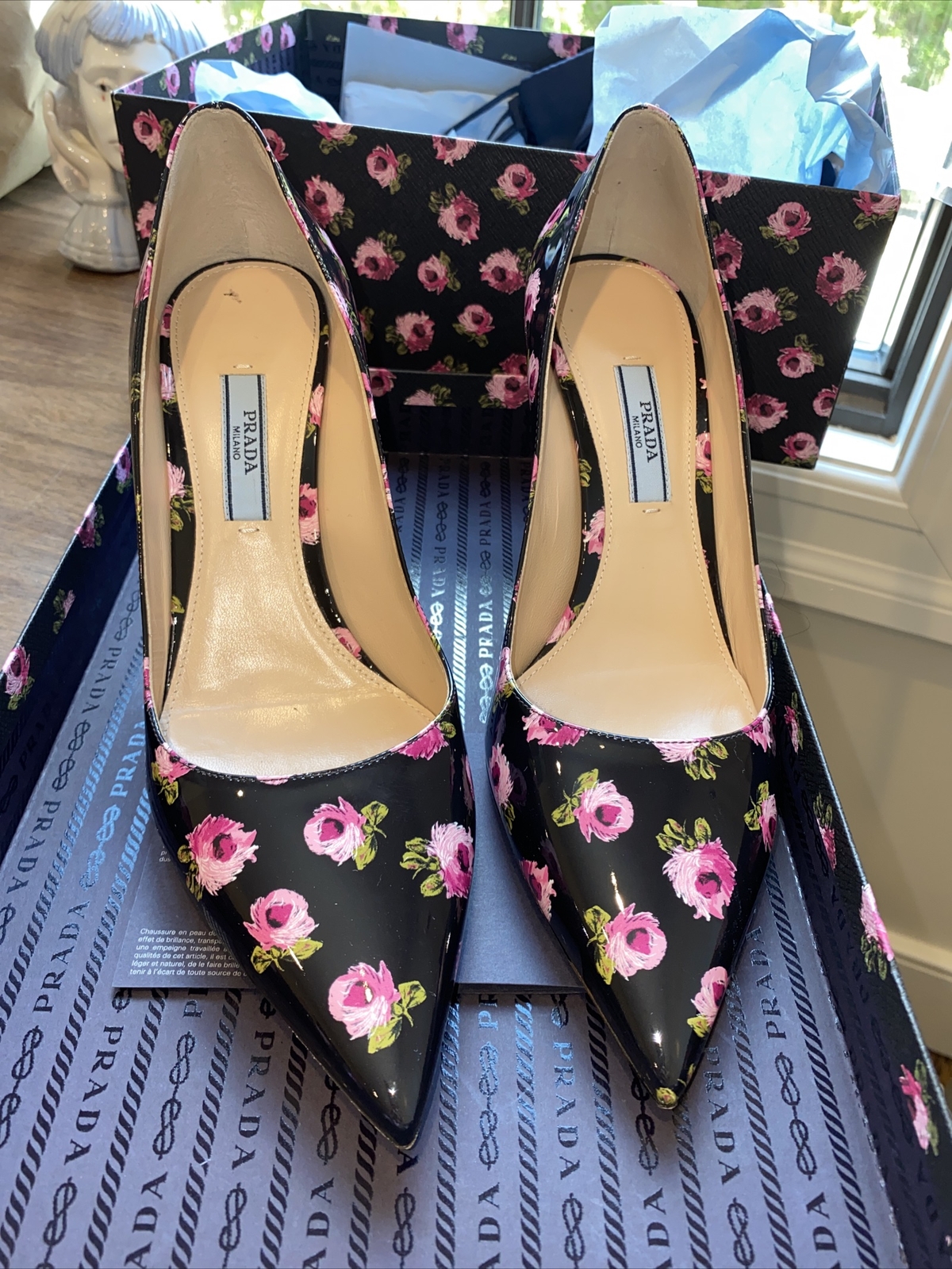 New Authentic Prada Floral Heel Pump Black 37 7 $750 With Box And Dust Bags  | eBay