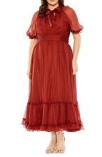 Mac Duggal 68428 Sheer Puff Sleeve Cocktail Dress Plus SZ 18W Redwood $398
