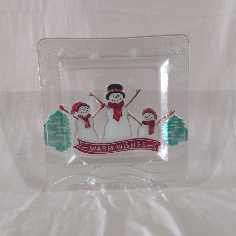Plato cuadrado de vidrio San Nicolás, 3 muñecos de nieve 11 x 11 "Deseos cálidos" Foto 4 de 4