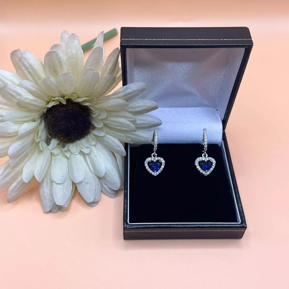White gold finish blue sapphire heart and created diamond Droplet earrings — 第 2/4 张图片