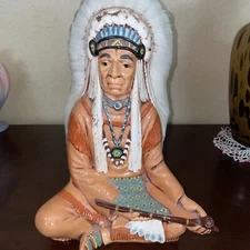 Vtg Byron Molds Painted Native American Indian Chief  Ceramic Statue W Bead Work