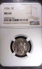 1936 Philadelphia Buffalo Nickel 5c NGC MS 64