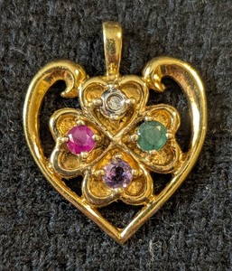 Authentic 925 Silver. Ruby, Emerald, & Amethyst Gold Plated Love Heart Pendant