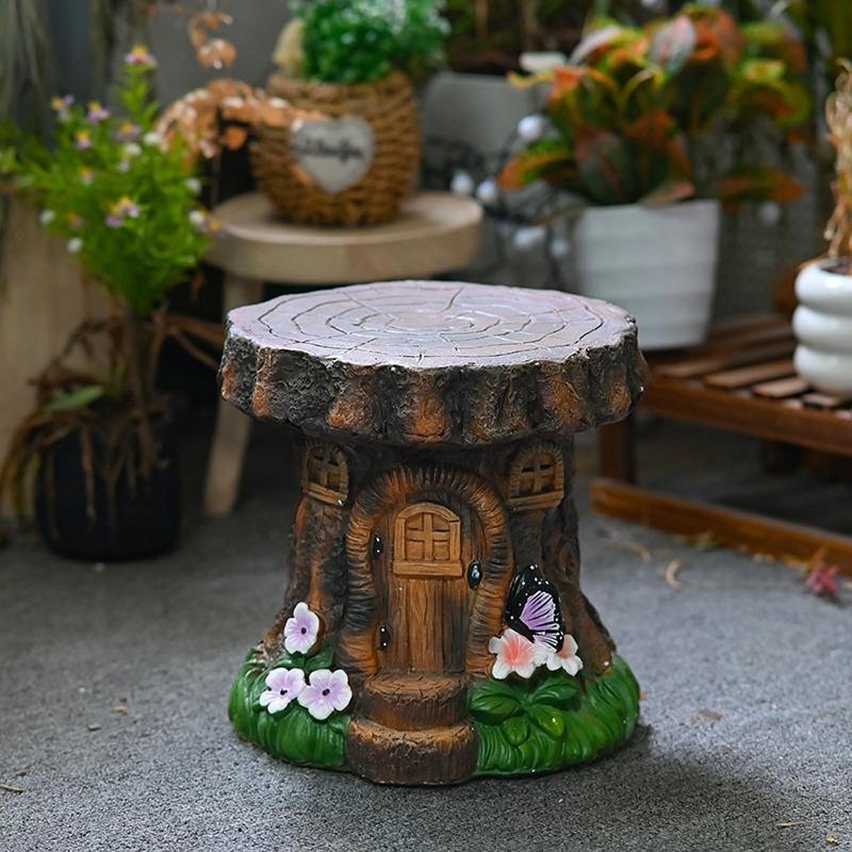 Resin Tree Stump Stool Garden Ornament Handcrafted Decorative End