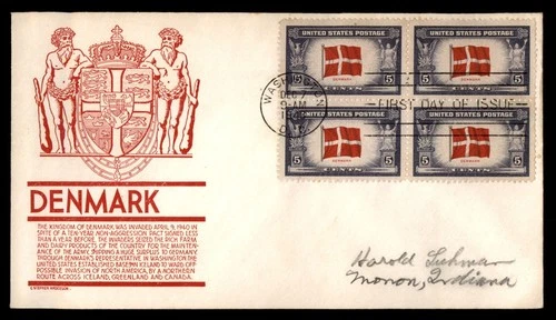 Mayfairstamps US FDC 1943 Washington DC block Denmark flag First Day Cover aax_3