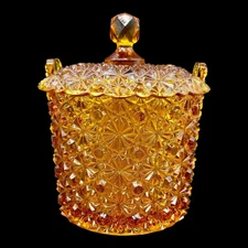 EAPG Fenton Amber Glass Daisy & Button Pattern Covered Candy Bowl Dish