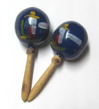 Hand Painted Mexican Gourd Wooden Blue Maracas Shakers Musical Instruments