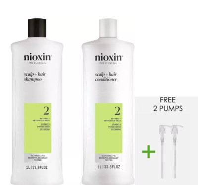 Nioxin System 2 Cleanser Shampoo & Scalp Conditioner Duo 33.8 oz+ 2 Free Pumps  