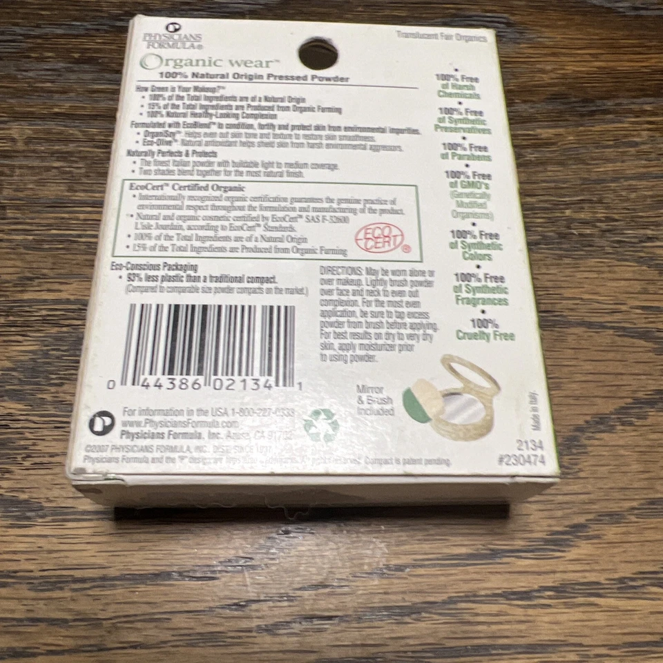 Physicians Formula Organic Wear, Pressed Powder, # 2134 Translucent Fair. New - Image 2 of 2